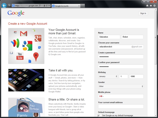 Gmail Account Creation Filled