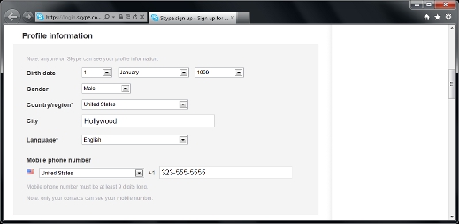 Create New Skype Account Profile Filled